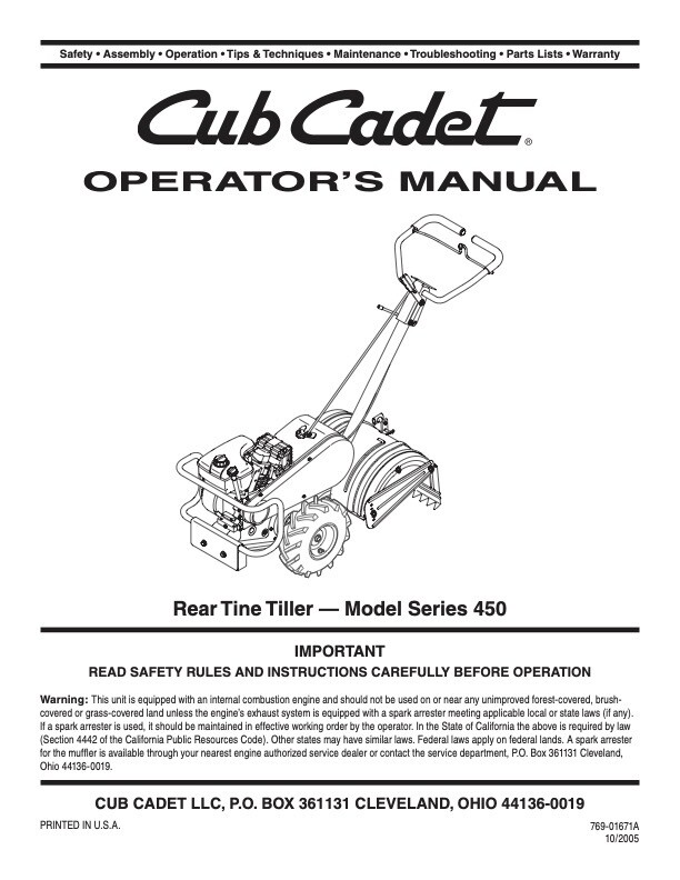 cub cadet rototiller manual
