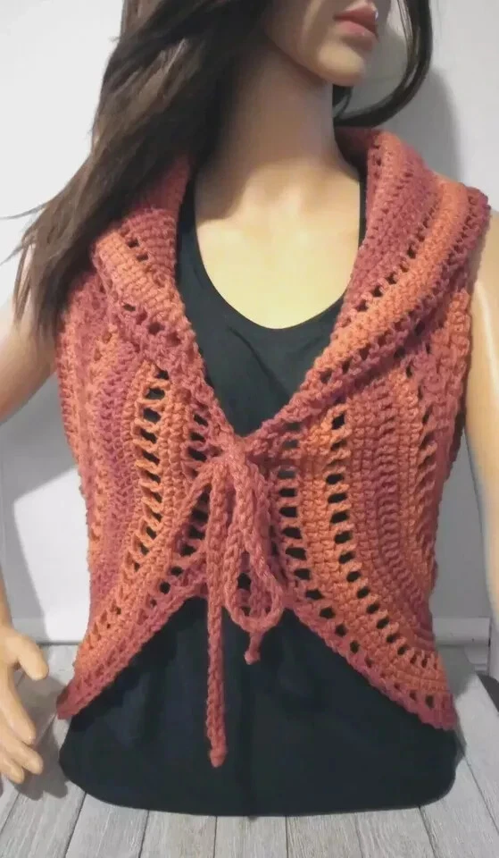 crochet womans handmade boho top vest festival shrug large xl hot sauce - Image 2 of 3