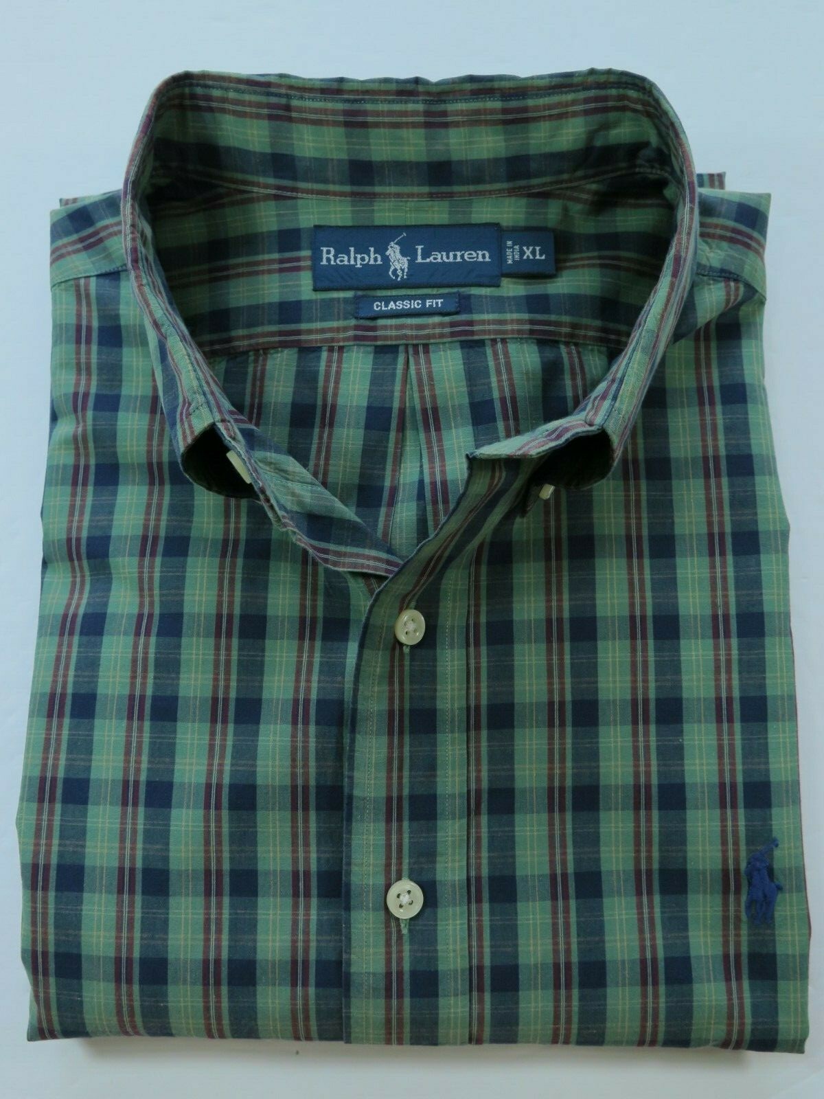 Polo Ralph Lauren uomo verde quadri quadri blu pony vestibilità classica camicia casual XL
