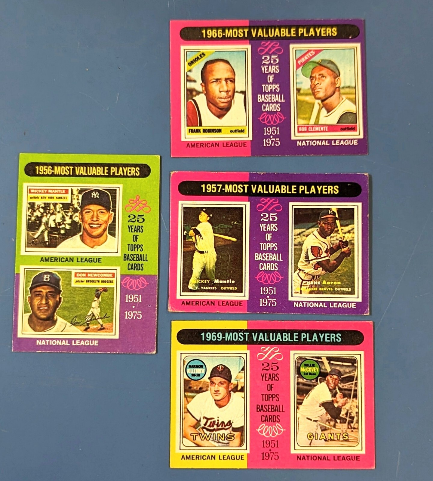 A set of four 1975 Topps MVP cards Mantle, Aaron, Clemente, F