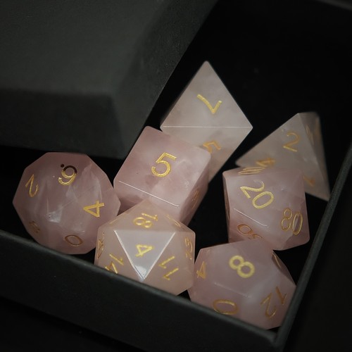 Natural Rose Quartz Gemstone Dice Set Pink D6 Logo DND RPG Table-top Accessory - Picture 9 of 10