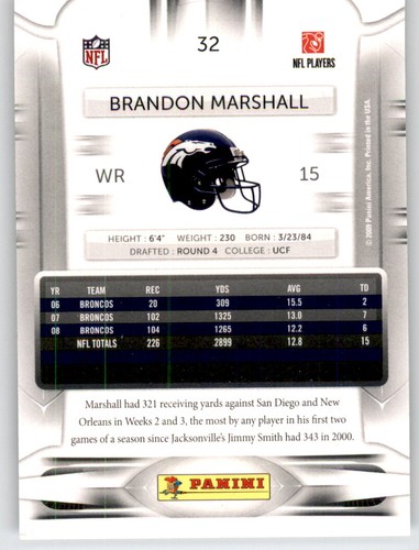 Tarjeta base Prestige Brandon Marshall 2009 NFL PWE Broncos #32 - Imagen 2 de 2
