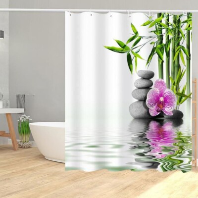 Duschvorhang Motiv Bambus Kieselsteine Blume + Haken wasserdicht 180x200 cm