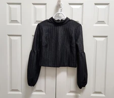 Women's Artelier Nicole Miller Black Quilted Balloon Sleeves Crop Top Shirt Sz S