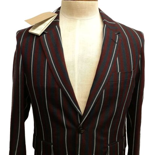 NWT Burberry Sz Us 36 EU 48 Short Burgundy Navy Stripe Sport Coat Blazer Jacket