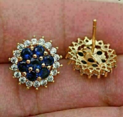 2.20Ct Lab-Created Blue Sapphire & Diamond Stud Earrings 14Kt Gold Plated Silver