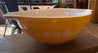 PYREX Yellow Butterprint Glass Mixing Bowl Flower Pattern Handles Pour Spout
