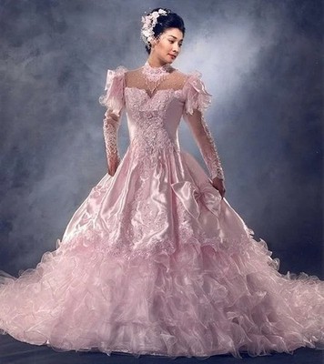 Vintage 1980s' Pink Princess Wedding Dresses Puffy Fairy Long Sleeve Ruffles