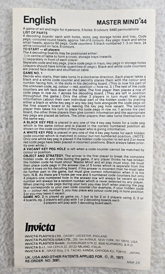 VINTAGE Master Mind 44 COMPLETE Invicta 1977 Games Strategy Logic Pegs - Image 4 of 4