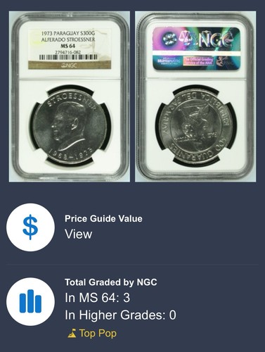 1973 PARAGUAY SILVER 300 GUARANIES KM29 NGC MS64 TOP POP - Picture 3 of 3