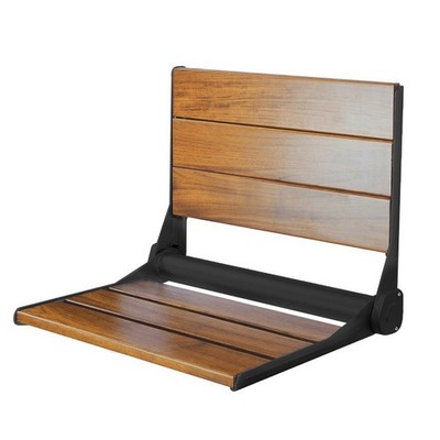 18'' Folding Teak Wood Shower Bench Seat  Accessibility-Focused Black Wall Mount
