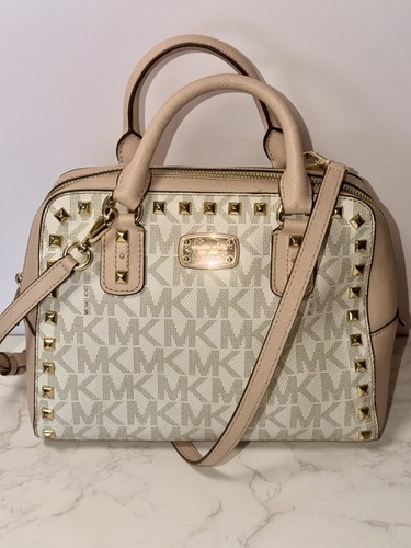 Michael Kors Women's Signature Pink & Vanilla Gold Studs Satchel Crossbody Purse