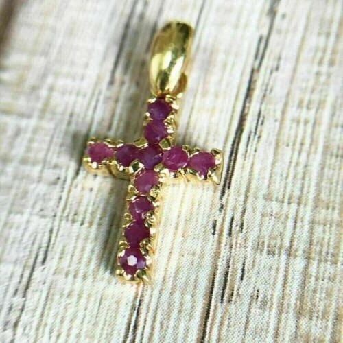 1.50Ct Round Cut Lab Created Red Ruby Cross Pendant 14K Yellow Gold Plated 18" - Image 2 of 4
