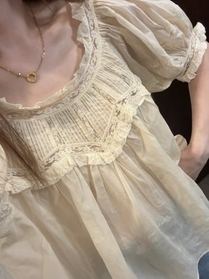 Women Doen Round Neck Lace Puff Sleeve Apricot Blouse Top