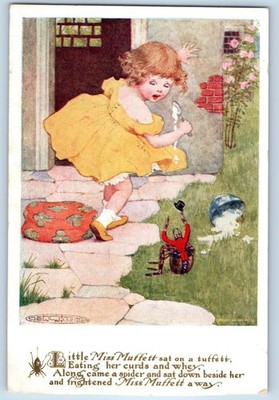 c1910's Fairy Tale Little Miss Muffett Frightened Spider Nursery Rhyme Postcard
