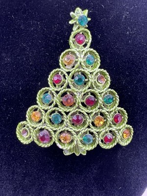 Vintage Christmas Tree Pin Brooch Gold Tone Colorful Stones (Some Missing) 3 