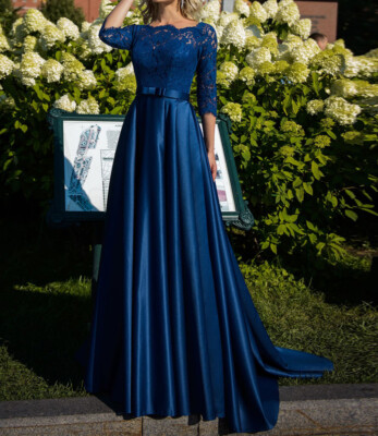 Royal Blue Mother Of The Bride Dress Lace Scoop Neck Bow Belt Satin A-line  Gown | eBay