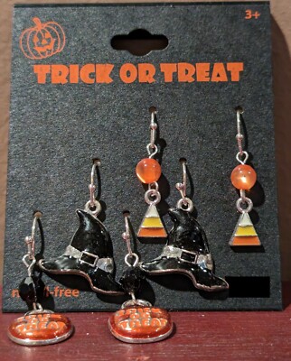 3 PAAR HALLOWEEN OHRRINGE Süßigkeitenmais Hexenmütze Trick or Leckerbissen Kürbisse durchbohrt