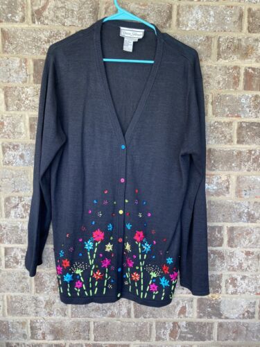 Womans plus size 1X light weight cardigan sweater w/ ribbon flowers Diane Gilman - Picture 1 of 9