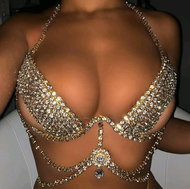 Gypsy Crystal Hollow Bra Chain Top Boob Harness Rhinestone Belly Dance  Festival