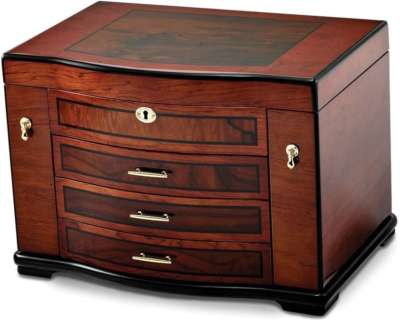 High Gloss Poplar Three Drawer Jewelry Chest with Burlwood Inlay