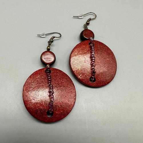 Wooden Earrings Red Disc Beaded Dangling Pierced Silver Tone Boho Statement - Picture 4 of 10