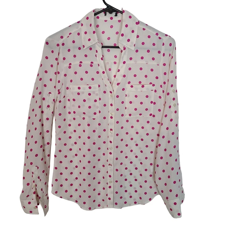 Blusa Camisa Express Para Mujer Rosa Marfil Lunares Mangas con Pestaña Enrollable Portofino Foto 2 de 4