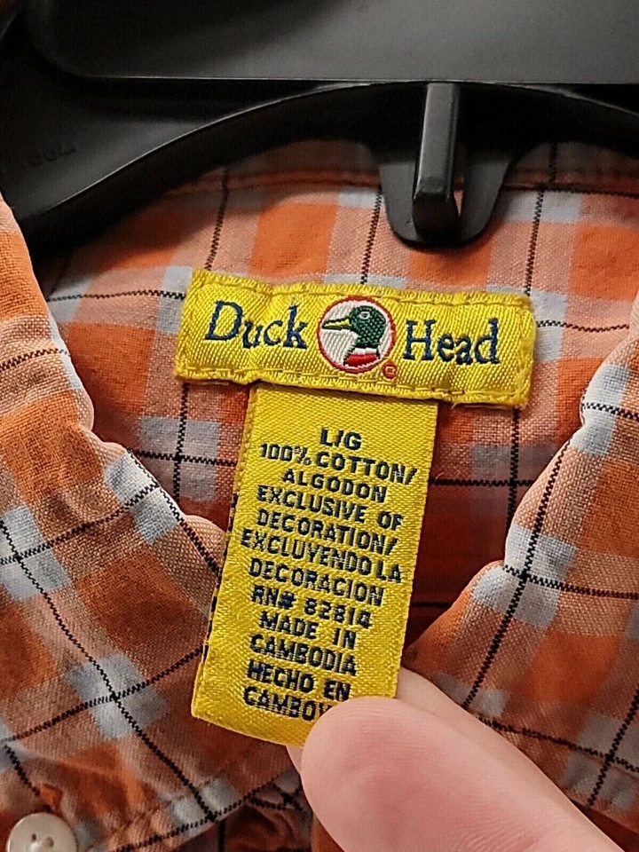 Camisa Cabeza de Pato Para Hombre Grande Color Naranja/Blanco Manga Corta Cuadros/Logo Abotonada Foto 3 de 4