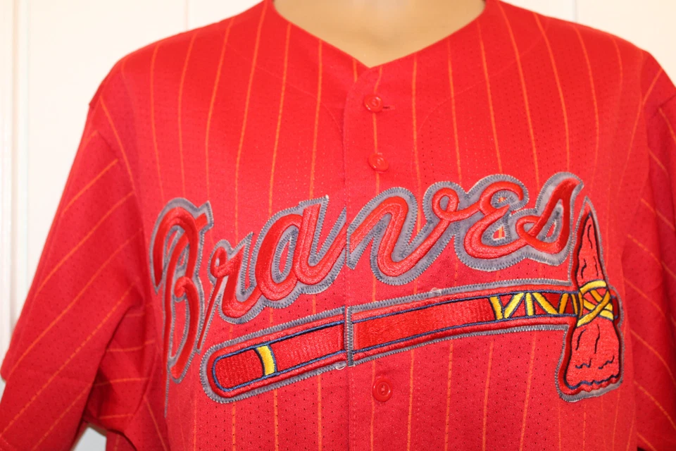 MAJESTIC Atlanta Braves Jersey Men's XL Red Striped Sewn Pin Stripe 90s READ - Image 2 of 4