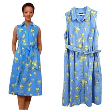 Jason Wu Shirt Dress 1X Blue Lemon Print Sleeveless Fit & Flare Tie Belt Pocket