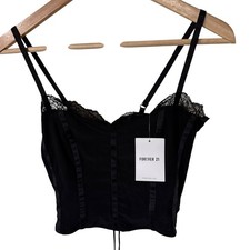 Forever 21 Bustier Top Women S Black NEW Lace Trim Corset Back Knit Crop