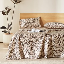 Leopard Pattern Satin Sheet Set 4Pcs Faux Silky Sheets Ultra Soft Wrinkle Free