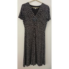 Evan-Picone Black White Polka Dot V-Neck Ring Detail Midi Dress Womens 10