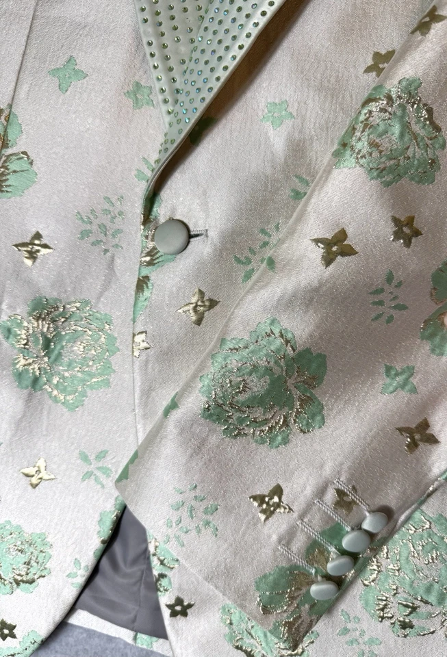 Chaqueta Blazer BARABAS Marfil Verde Menta Floral Estrás 42R Grande Calce Ajustado Foto 3 de 4