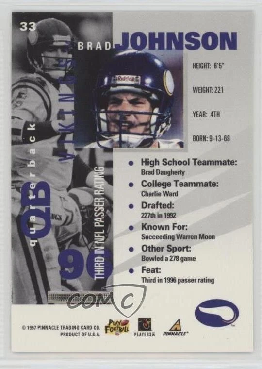 1997 Pinnacle Inside Brad Johnson #33 - Image 2 of 2