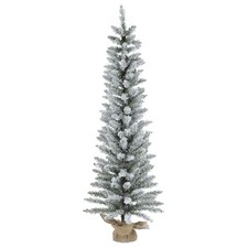 Image of 3/4/5ft Christmas Tree Slim Pencil Artificial Flocked Snow Green Pine Jute Base