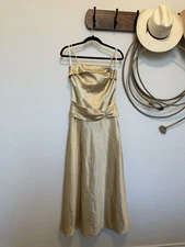 Vintage Aspeed Gold Satin Dress With Silver Brooch, Size Small