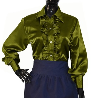 Damen Satin Bluse Langarm Vintage Rüschen Hemd Knopfleiste Elegant Oberteil Hemd