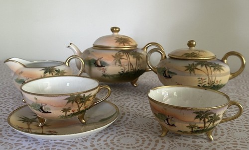 VINTAGE NIPPON TEAPOT SET Jeweled Moriage GOLD Trim Hand Painted JAPAN Antique