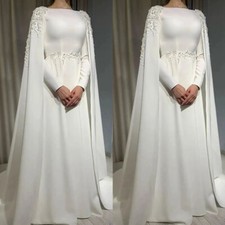 Women's Arabic Muslim Wedding Dresses Cape Long Sleeves A Line High Neck Bride