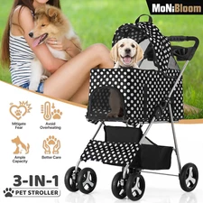 4 Wheels Foldable Pet Stroller Adjustable Cat Cage Cup Holder+Detachable Basket