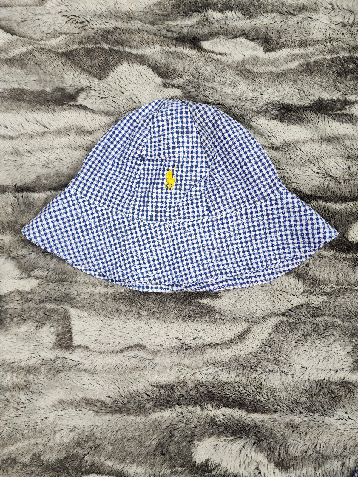 Cappello a secchio Ralph Lauren blu micro scacchi taglia S M blu etichetta pony giallo