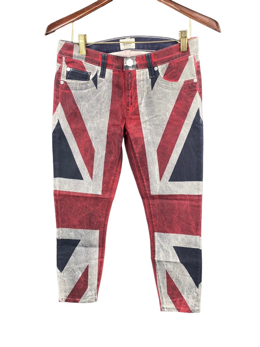 Hudson Jeans Made In USA Krista Skinny Crop Jeans Union Jack Flag 