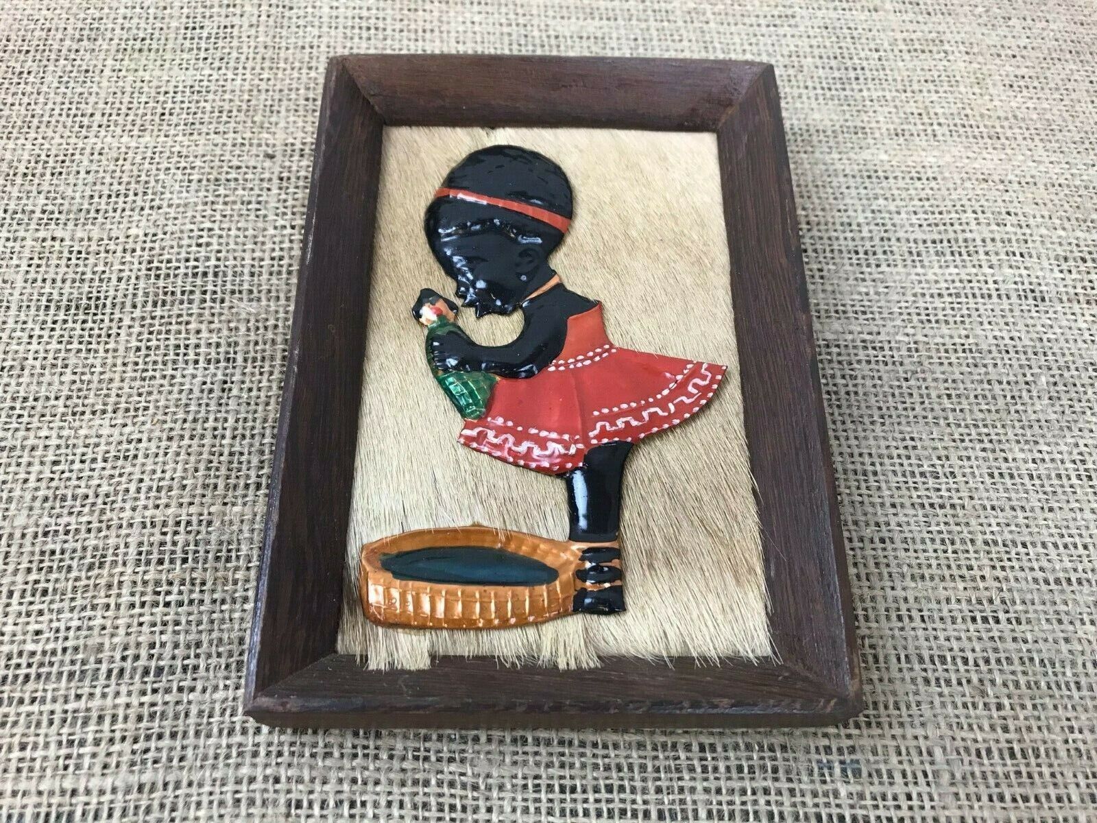 ORIGINAL VINTAGE PAINTED COPPER AFRICAN GIRL WITH DOLL PICTURE 