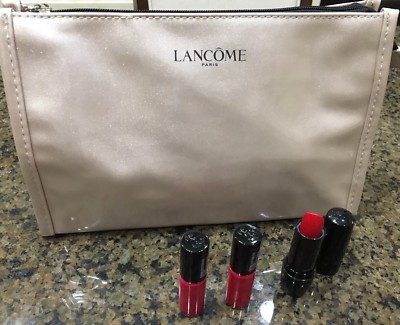 NEW Lancome 2 Magenta lip gloss,1 Red Stiletto(cream) lipstick,beige makeup bag