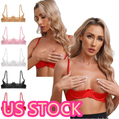 US Womens' Satin Balconette Shelf Bra Half Cup Push Up Underwire Bra Brassiere