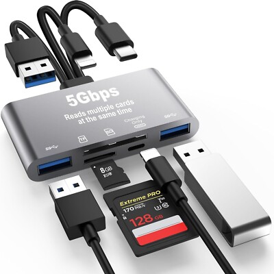 5in1 SD Card Reader,High-Speed USB 3.0 Adapter for Phone/Pad USB C/A Devices, No