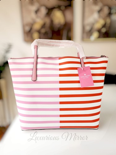 Kate Spade New York Zina Coated Canvas Large Tote Pink Red Stripe Shoulder Bag - Picture 2 of 10