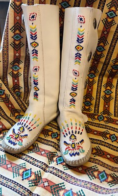 1970s Taos handcrafted beaded leather moccasin boots, concho 