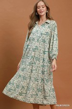 Umgee Linen Botanical Print Tiered Midi Dress - Palm Green - Medium